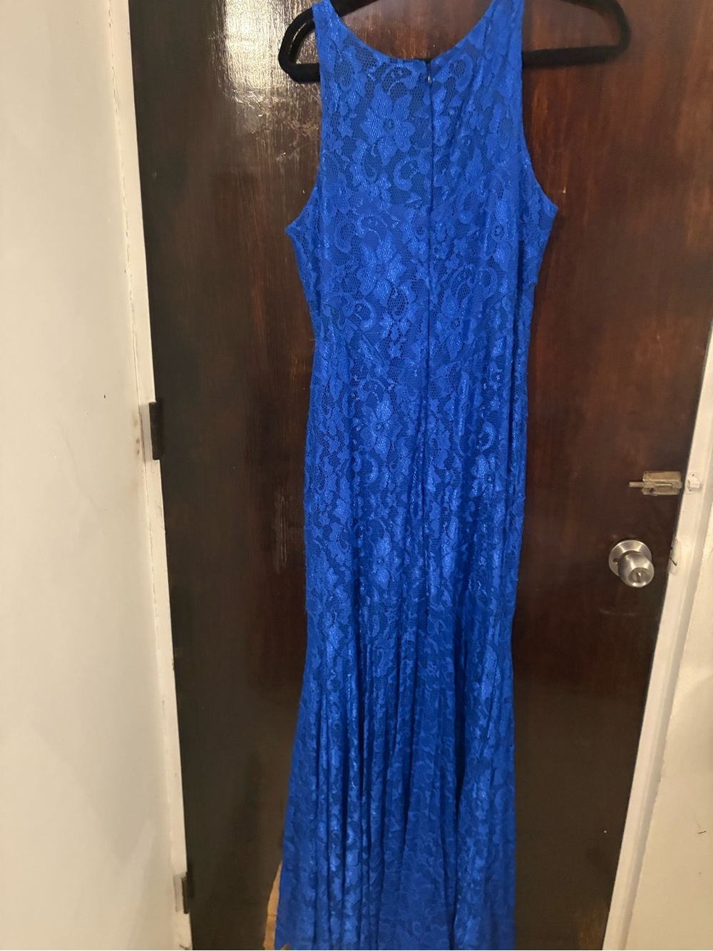 Sleeveless Royal Blue Lace Formal Dress.